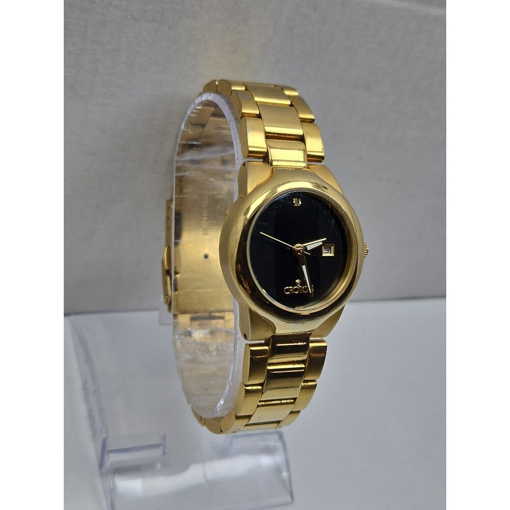 Croton Womens Gold Tone Black Dial Diamond Date Quartz Watch New Battery - Read - Picture 3 of 13